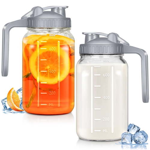 2 Pack 32 OZ Glass Pitcher with lid,2 Quart Marson Jars with Spout and Handle,Double Leak Proof Jug Sun Tea Pitcher Wide Mouth Creamer Container for Fridge,Beverage,Breast Milk, Ice, Coffee(grey)