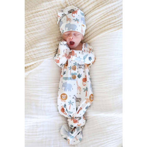 Safari Snuggles Newborn Baby Knot Gown & Hat Set