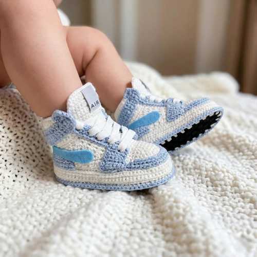 Crochet Baby Soft Blue Jordan-Style Sneakers | Retro Baby Boys Booties | Baby Shower Gift | 0-12 Month Sizes | Eco-Friendly Newborn Shoes