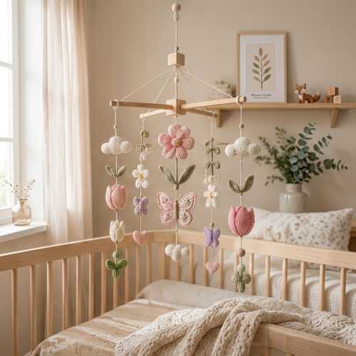 Floral Baby Mobile, Butterfly Nursery Mobile, Crochet Flower Crib Mobile, Pink Floral Nursery Decor, Baby Girl Mobile,