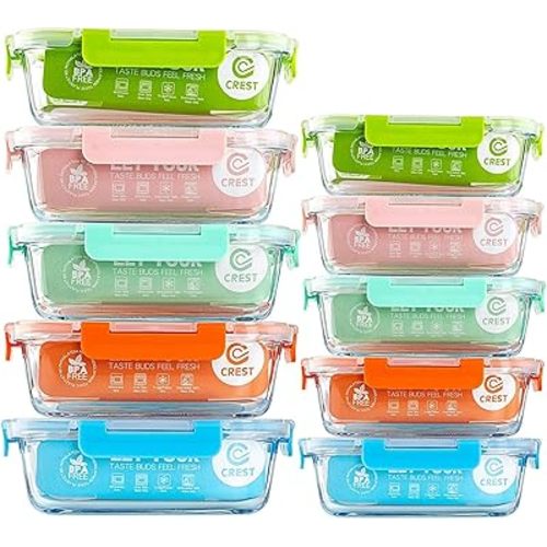 C CREST [10-Pack Glass Food Storage Containers (A Set of Five Colors), Meal Prep Containers with Lids for Kitchen, Home Use - Airtight Glass Lunch Boxes