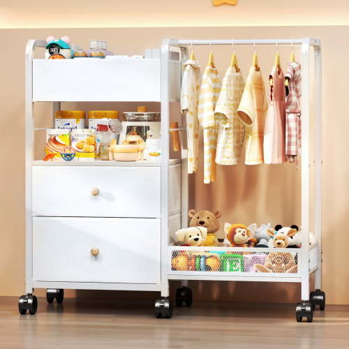 TC-HOMENY Baby All Essentials Diaper Toys Organizer Cart with 3-Tier Side Storage Space, Stroller Nursery Essentials & Craft Organizer Rolling Utility Cart, Kids Garment Rack w/ 1 Hanging Rod, White