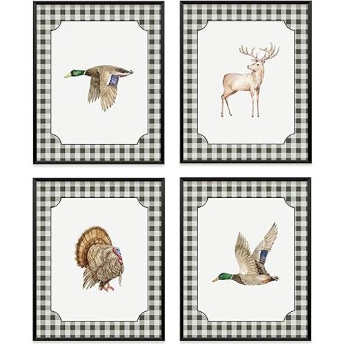 VONTP Hunting Animal Nursery Wall Art Decor, Rustic Turkey Deer Mallard Duck Nursery Prints Poster Wall Decorations for Kids Boys Girls Toddler Room Bedroom Playroom, 8x10 Inch Set of 4 (Unframed)
