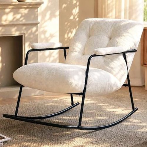 Rocking Chair Nursery, Upholstered Glider Rocker Cushions Indoor, Comfy Rocking Accent Chair with Armrests, Cozy White Boucle Rocking Armchair for Living Room Bedroom Reading Nook, Adults