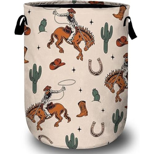 Colorful Western Cowboy Laundry Basket with Sturdy Handles, Collapsible Oxford Cloth Laundry Hamper Organizer Basket for Bathroom Bedroom 15.7x20 Inch