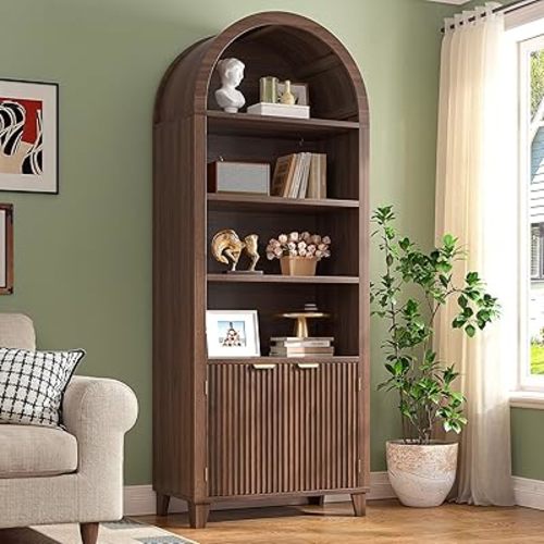 DurayLoly 79.9" Tall Arched Cabinet, 6-Tier Arched Bookcase with Fluted Doors and Adjustable Wood Shelves, Wooden Storage Cabinet with Tall Bookshelf for Office, Living Room, Kitchen, Walnut