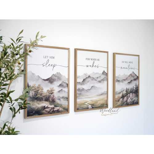 Let Him Sleep For When He Wakes He Will Move Mountains, Set of 3 Framed Signs, Framed Forest Mountain Trees Themed Nursery Wall Art Sign