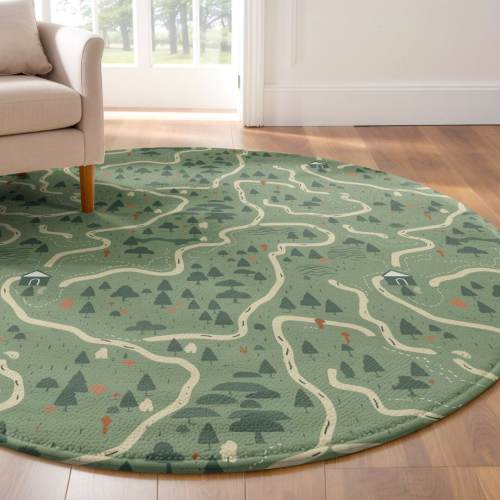 Mountain Road Map 5ft Round Rug, Large Floor Mat Kids Bedroom, Green Woodland Area Rug, Landscape Activity Playmat, Forest Nursery Theme