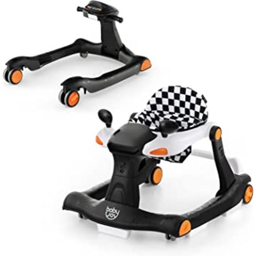 BABY JOY 2 in 1 Baby Walker, Foldable Activity Walker with Adjustable Height & Speed, Music, Lights, Mirrors, Padded Seat Cushion, Activity Baby Push Walker for Toddler Boys Girls, Ages 6-18 Months