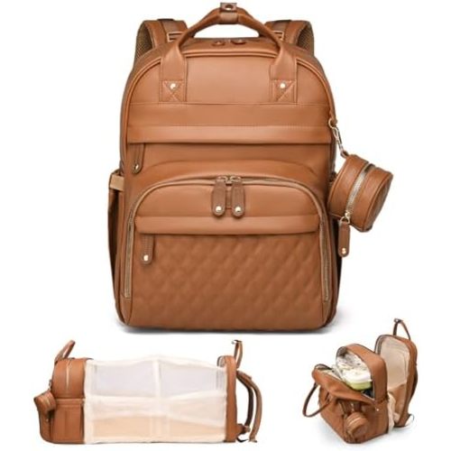 Leather Diaper Bags with Changing Station，Baby Bag，Large Capacity Diaper Bag Backpack for Moms Dads,Waterproof Diaper Backpack（Brown）