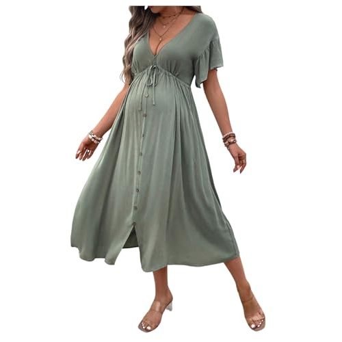 OYOANGLE Women's Maternity V Neck Ruffle Short Sleeve Midi Dress | Drawstring Waist Pregnancy Flowy Dresses, Button, Casual, Summer Vacation