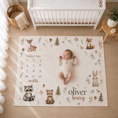 Personalized Woodland Milestone Blanket Baby Monthly Milestone Blanket Forest Animals Baby Shower Gift Custom Baby Name Blanket