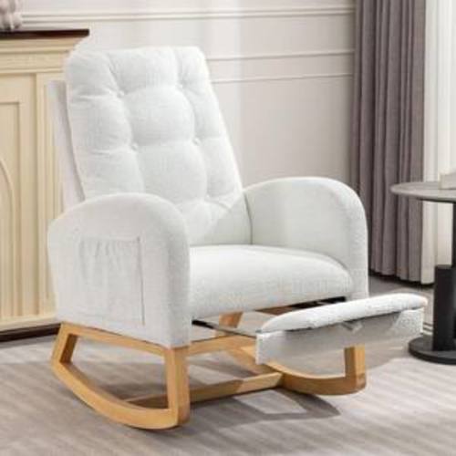 White Nursery Rocking Chair with Footrest High Back Upholstered Glider Chair Accent Armchair with Side Pocket, Wood Legs