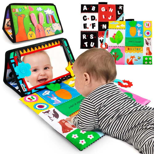 Tummy Time Baby Mirror Toys with Black and White Pattern, Double High Contrast 3D Activity Play Crinkle Toys Foldable Baby Mirror Sensory Development Toys for Newborn 0 3 6 Months