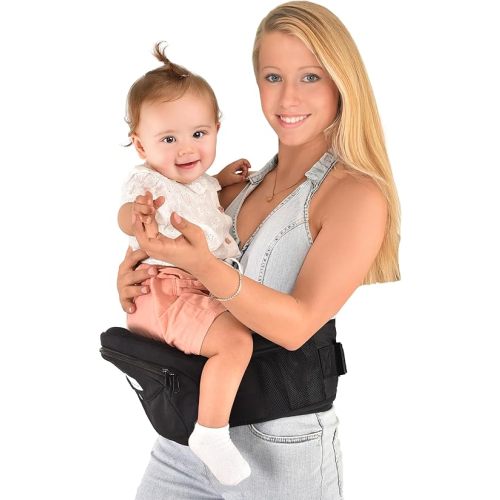 Baby Carrier with Hip Seat - with Lumbar & Back Support – Adjustable Waistband with Strong Support - Health Certified, Machine Washable, Fits Medium–Large (Black)