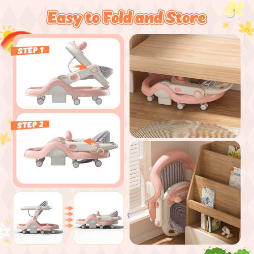 WonderStone 5 in 1 Baby Walker, Foldable Push Walker with Wheels, Music & Light, Baby Bouncer, Baby Activity Center for Boy Girl 6-12 Months (Pink)