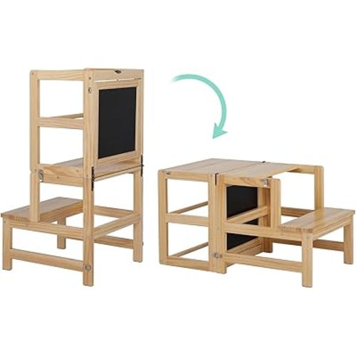 JOYMOR Kids Kitchen Standing Tower with Safety Rail, Chalkboard, Children Learning Step Tower for Kitchen Counter, Mothers' Helper (Natural)