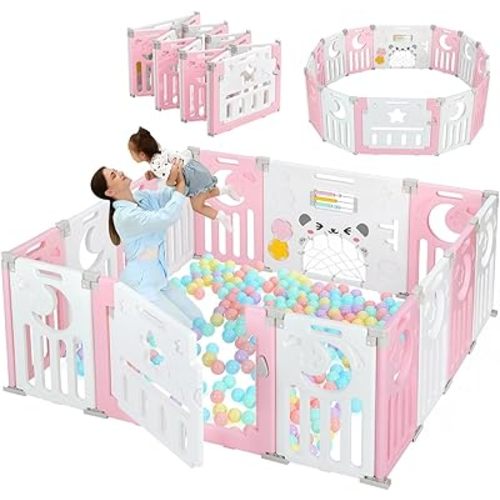 Baby Playpen, Dripex Baby Playard for Babies and Toddlers, 14-Panel Foldable Playpen Adjustable Portable Play Area, Indoor/Outdoor Kids Active Center with Game Panel & Safety Gate, Pink White