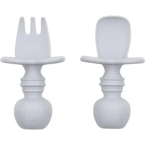 Bumkins Baby Utensils Set, Chewtensils Silicone Spoons for Dipping, Self-Feeding, Baby Led Weaning, Trainer Learning, First Stage Eating, Soft Practice Fork and Spoon, Babies 6 Months, Gray