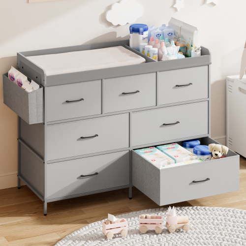 ANPOO Changing Table Dresser with Storage, Baby Dresser with Changing Table Top, Waterproof Diaper Changing Station with 7 Fabric Drawers for Nursery Modern, Grey