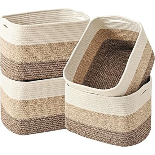 Storage Baskets for Organizing & Shelves, Woven Cotton Rope Organization Bins for Dog Toys, Clothes, Books, Nursery Organizer, 15"Lx11"Wx9.5"H, (4 Packs) Gradient Brown