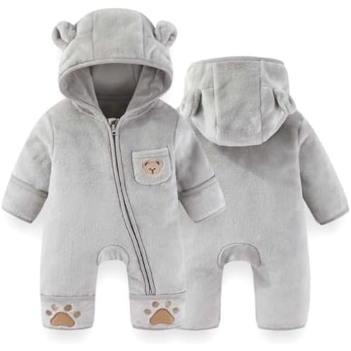 Fairy Baby Newborn Baby Bear Outfit With Fold-Over Mittens Footies Thin Fleece Romper Hooded Jumpsuit Winter Coat Girls Boys