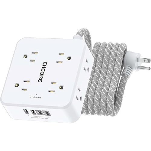 Surge Protector Power Strip - CHCORE 10 Ft Braided Extension Cord with 8 Outlets with 4 USB (2 USB C) Charging Ports, Flat Plug Multi Plug Outlet Extender Charging Station for Home Office, ETL, White