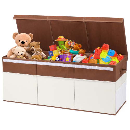 FIIOEOY Extra Large Toy Storage Box with Lid, Collapsible Sturdy Kids Toy Chest with Divider & Mesh Pockets, Toy Storage Organizer Bin for Nursery, Playroom, Bedroom, 40”x14”x16”, White & Brown