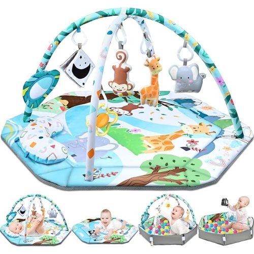 Baby Gym Play Mat, 8-in-1 Tummy Time Mat & Ball Pit with 6 Toys, Washable Baby Activity Play Mat for Visual, Hearing, Sensory, Motor Development, Baby Toys Toddler Infant 0-3-6-9-12 Months