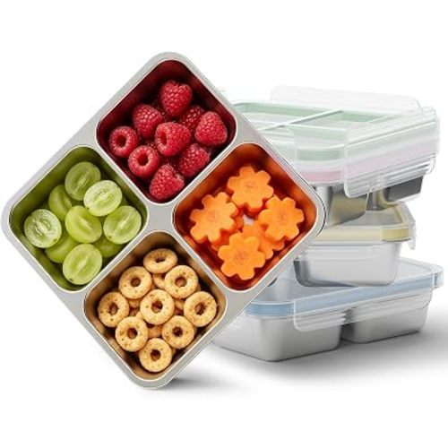 4 Pack Stainless Steel Snack Containers, 4 Compartment Metal Snack Containers with Lid, Compact Food Storage Box Containers For Lunch & Snacks