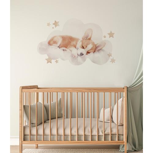 Sleeping Puppy on Cloud Nursery Decor, Watercolor Dog Illustration for Baby Room Wall