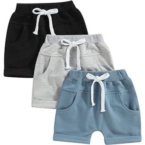 Infant Baby Boy Summer Shorts 3-Pack Toddler Shorts Boys Solid Color Newborn Soft Sweat Shorts with Drawstring
