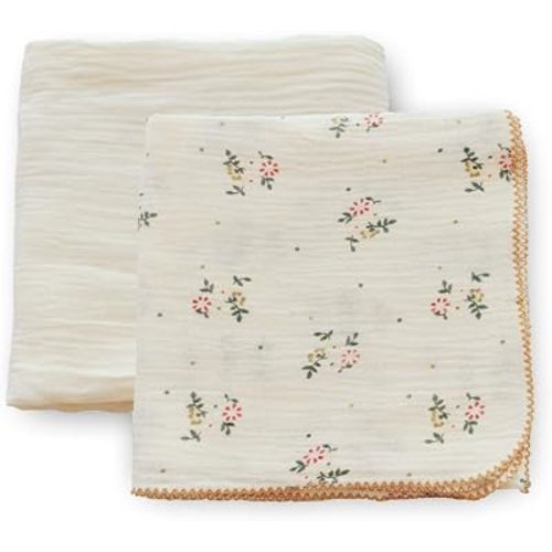 Baby Swaddle Newborn Recieving Blanket 100% Cotton Muslin 2Pack Nursery Wrap Lace Design 40"x40" (Vintage Floral+Beige)