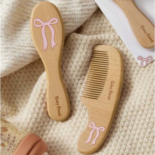 Cozy Pixies Baby Care Tools Two-Piece Set Soft Hair Comb Brush, Wool Bow Wooden Comb Brush, Gently Remove Hair Tangles, Newborn Comb Brush