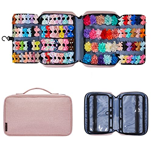 HUHYNN Hair Accessories Organizer for Girls, Hair Accessories Storage Bag, Hair Bow Storage Organaizer for Girls with Multi-Compartments, Baby Hair Accessories Organizer for Travel (Pink)