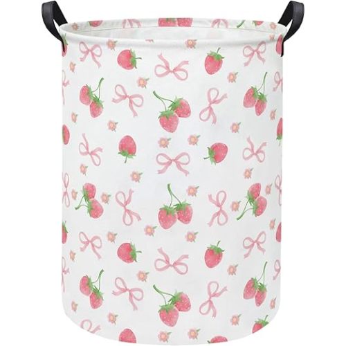 LATOGHIVE Baby Laundry Hamper kids laundry Basket Waterproof Storage Bin for Bedroom Toy Clothes Organizer Basket Woodland Animals Room Décor(Bowknot Strawberry)