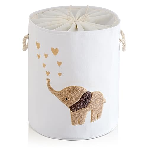 INough Baby Laundry Basket Laundry Hamper, Canvas 58L XL Baby Clothes Basket, Collapsible Brown Laundry Basket for Nursery Toy Baskets with Drawstring Closure, KidsRoom Decor for Boys