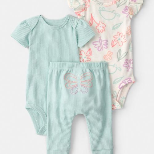 Baby Girl 3-Piece Butterfly Bodysuits & Pant Set - Blue/White | Carter’s Oshkosh Canada