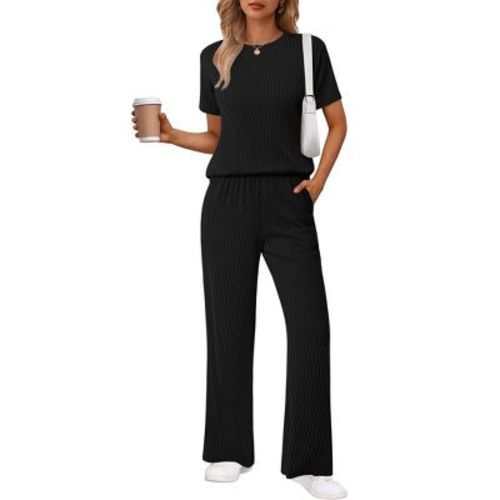 Ekouaer Lounge Sets for Women 2 Piece Matching Travel Outfits 2026 Loose Short Sleeve Top Wide Leg Pants Pockets Black XL