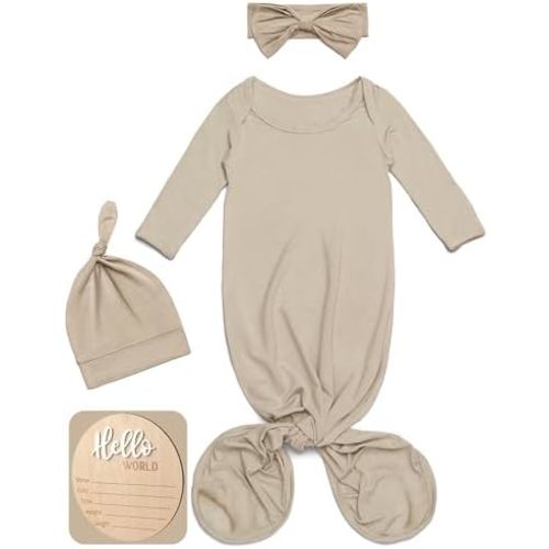 Soft Knotted Gown 0-3 Months, Modal Baby Gowns With Hello World Sign Newborn Announcement Outfit