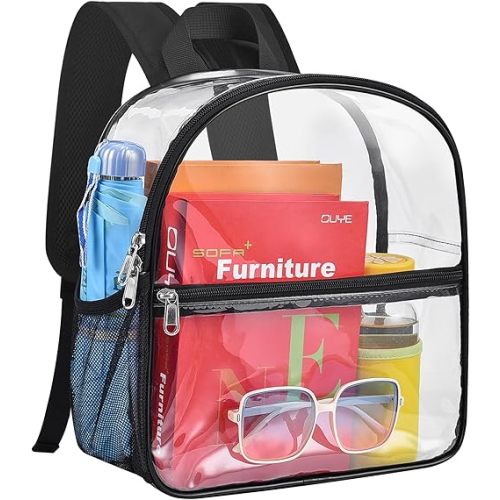 Paxiland Clear Backpack Stadium Approved 12×12×6 with Reinforced and Wider Shoulder Straps, Small Clear Bag for Schools, Concerts, Work, Festivals and Sporting Events - Black