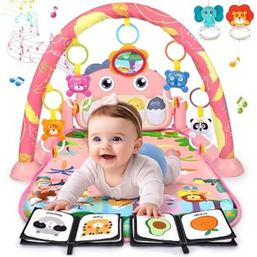 UMIKU Baby Play Mat Tummy Time Mat Girl High-Contrast Cloth Pink Dinosaur | Activity Center For Infant, Baby Girl Essentials Newborn, Piano Music & Light, Babies Gifts Girls For Baby 0 3 6 9 12 Months