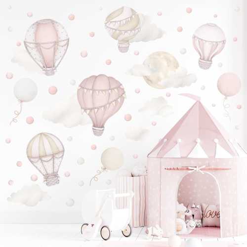 Pastel Pink Hot Air Balloon Wall Stickers, Retro Style Hot Air Balloon Decal Nursery, Watercolor Clouds Wall Decals Baby Girl Room Large Set