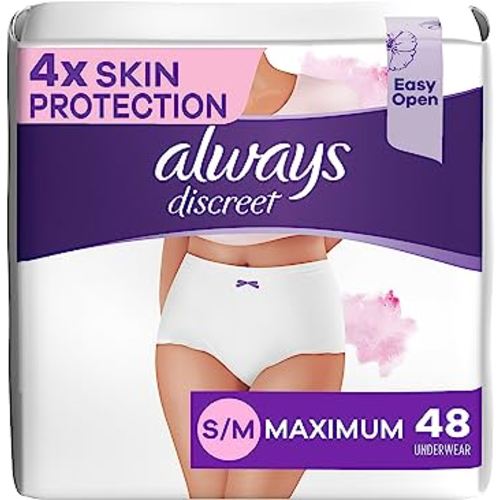 Always Discreet Adult Incontinence & Postpartum Underwear for Women, for Sensitive Skin, Size S/M, Maximum Plus Absorbency, Fragrance-Free, Disposable, 48 Count