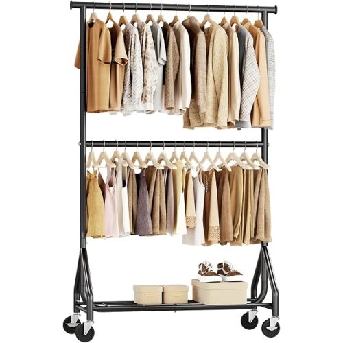 HYSEYY Heavy Duty Clothes Rack, Double Rod Clothing Rack for Hanging Clothes, Rolling Garment Rack, Adjustable Freestanding Wardrobe Closet Coat Rack for Bedroom Laundry Living Room, Black