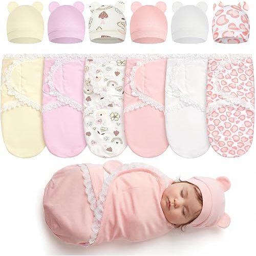 Ramede 6 Pack Swaddle Blanket with Hats for Baby Girl Boy 100% Cotton Swaddles 0-3 Months, Adjustable Breathable Skin Friendly Receiving Blanket Wrap, Essential for Newborns(Lace,Light Color)