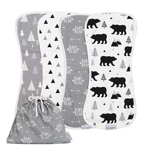 Organic Burp Cloths with Burp Cloth Bag - Baby Bear Burping Cloths for Boy or Girl - XLarge Soft Spit Up Rags, Extra Absorbent, Woodland Nursery, 4 Pack