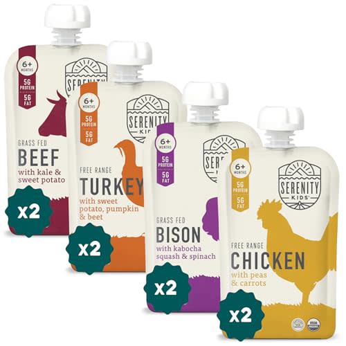 Serenity Kids 6+ Months Baby Food Pouches - Nutrient-Packed Meat Puree with 5g Protein - Organic Baby Food with Ethically Sourced Meat & Veggies - Convenient On-the-Go Toddler Snacks - 3.5 Oz, 8 Pack