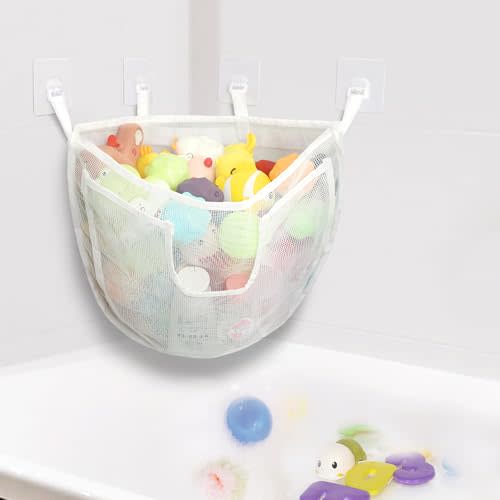 Bath Toy Storage, Large Capacity Bath Toy Holder with Bottom Zipper, Quick Release Bathtub Toy Storage with Large Pocket, Corner Mesh Bath Toy Organizer Basket Bin for Bathroom Toys - White