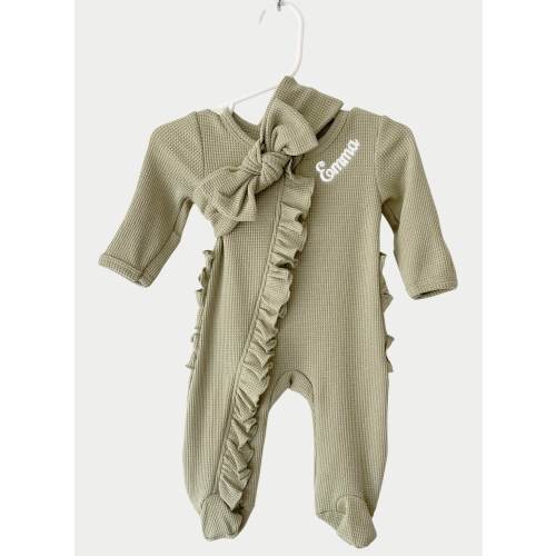 Baby Name Newborn Waffle Knit Ruffled Footie With Bow — Oatmeal